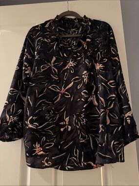 Joan Vass Navy Floral Ruffle-Neck Blouse